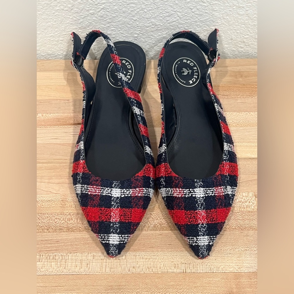 Brooks Brothers - Red Fleece - Plaid Sling Back Flats Point Toe Shoes 7 Red Navy